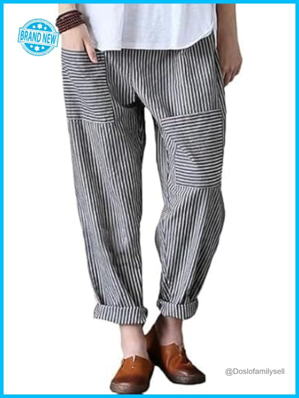 Women's Wide Leg Harem Pants Cotton Linen Striped Palazzo Pants with Pockets